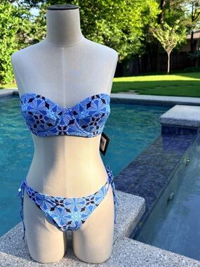 ECHO New York 2-Piece Blue Print Bandeau Top and Matching Double Side Tie Bottom
